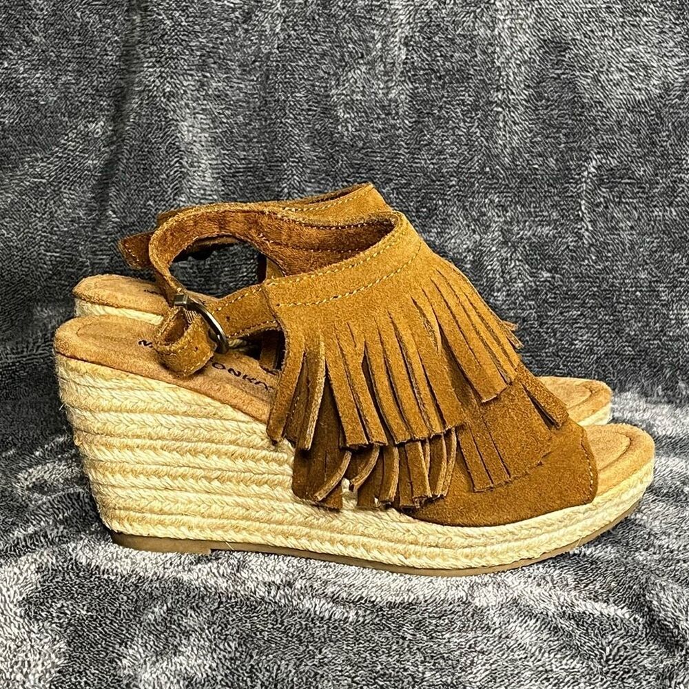Minnetonka Ashley Brown Suede Fringe Espadrille Wedge Sandals US 6